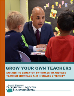 Grow Your Own Teachers report cover showing a man talking with two young students at their desks. Click to open report pdf.