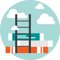 Circular icon showing a ladder superimposed over a stack of books. The ladder extends up into the sky among the clouds.