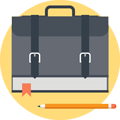 Circular icon showing a closed briefcase-book hybrid above a pencil.