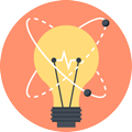 A circular icon of a glowing light bulb with sub-atomic particles orbiting it.