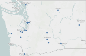 A map of Washington State with dots representing the locations of alternative route program providers found in the find an alternative route program search tool.