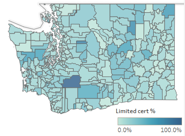 A map of school districts indicating the relative % of their teachers who hold a limited certificate.