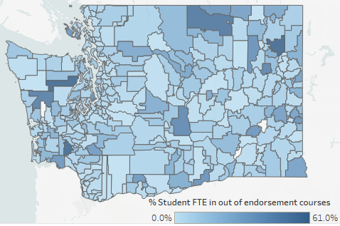 Map of each school district in 2019-20 showing the relative student FTE percentage spent in courses taught by a teacher out of endorsement. Districts ranged from 0% to 61% of student FTE spent in out of endorsement courses.